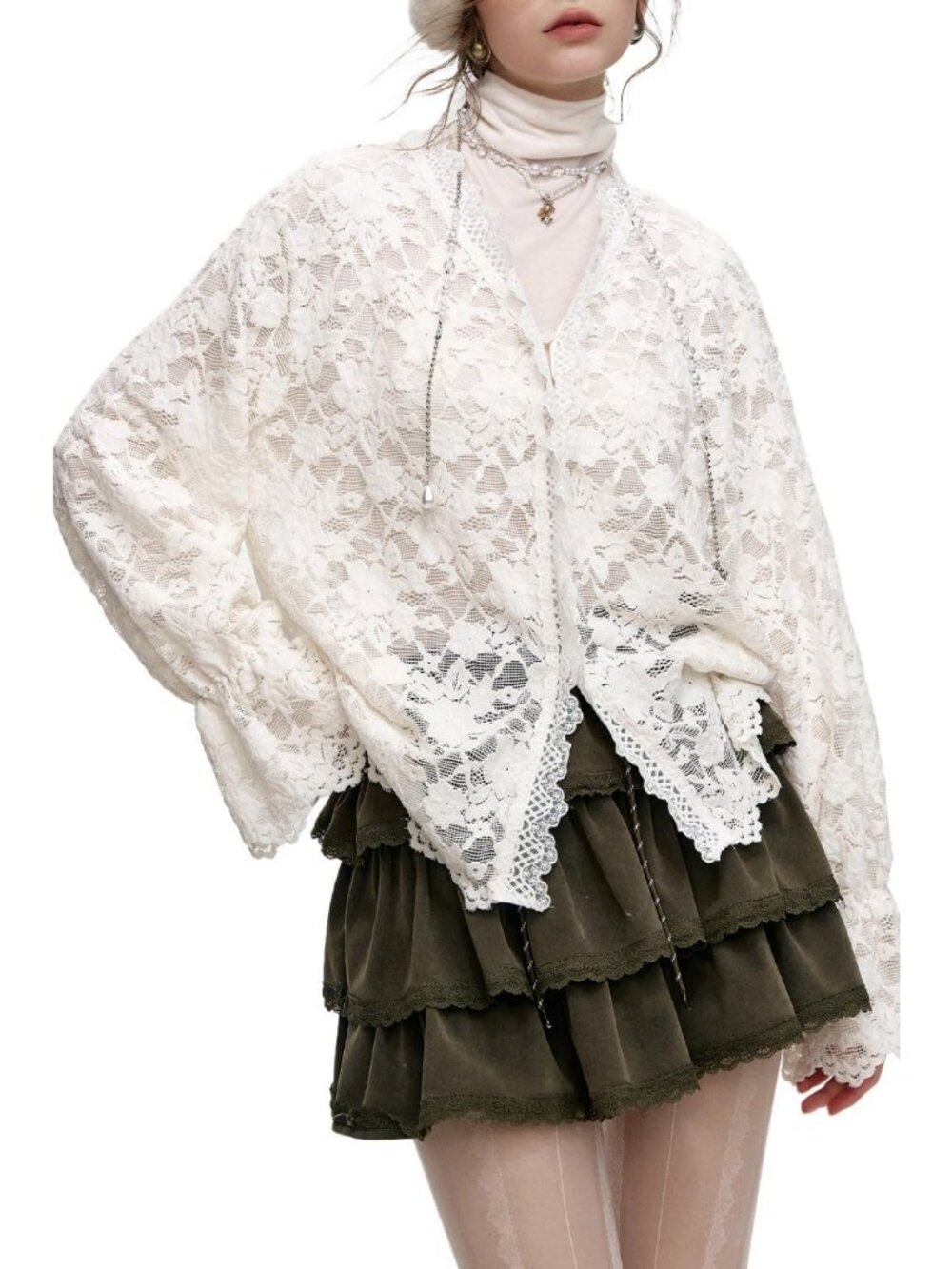 Lace Long Sleeve Blouse - Romantic V-Neck Floral Top, Elegant Loose Fit for
